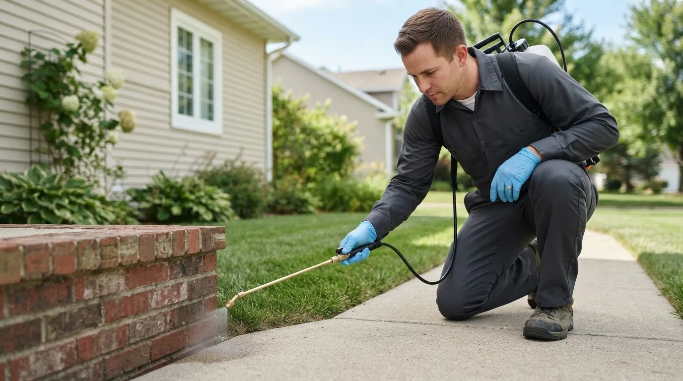 Pest control technician treating a home near Irasburg, VT